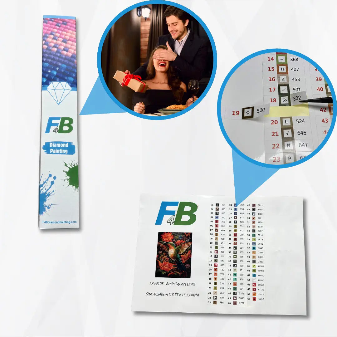 Verpakking en inhoud van een diamond painting set, inclusief kleurenkaart en een romantisch cadeau-idee.