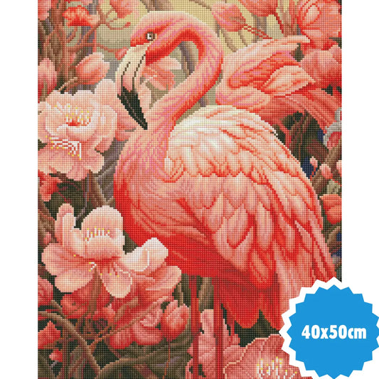 Diamond painting van roze flamingo tussen bloeiende bloemen in warme tinten, formaat 40x50 cm