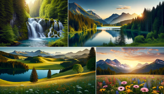 Collage van diamond painting natuurtaferelen met een waterval, bergmeer bij zonsopgang, glooiende heuvels en een bloemenweide bij zonsondergang