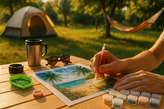 Handen maken diamond painting van tropisch strand met palmbomen op houten tafel buiten, met tent, hangmat en bakjes gekleurde steentjes.