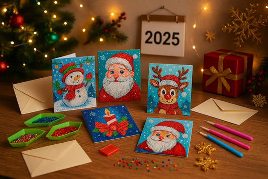 Diamond painting kerstkaarten met sneeuwpop, kerstman, rendier en kaars, omringd door gekleurde steentjes, gereedschap en kerstdecoratie op houten tafel