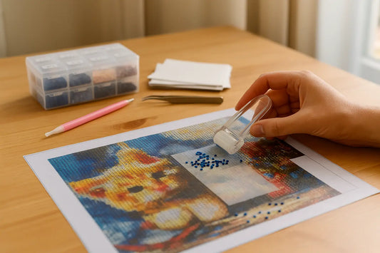 Hand die blauwe steentjes aanbrengt op een cat-themed diamond painting met behulp van een roller, omringd door accessoires op een houten tafel.