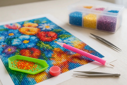 Diamond painting met kleurrijk bloemenpatroon, inclusief roze pen, pincetten, groene bak met oranje steentjes en opbergdoos met gesorteerde steentjes.