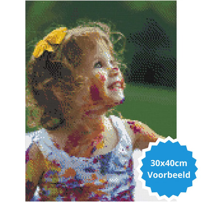 Meisje met haarband Diamond Painting, 30x40cm voorbeeld met kleurrijke details