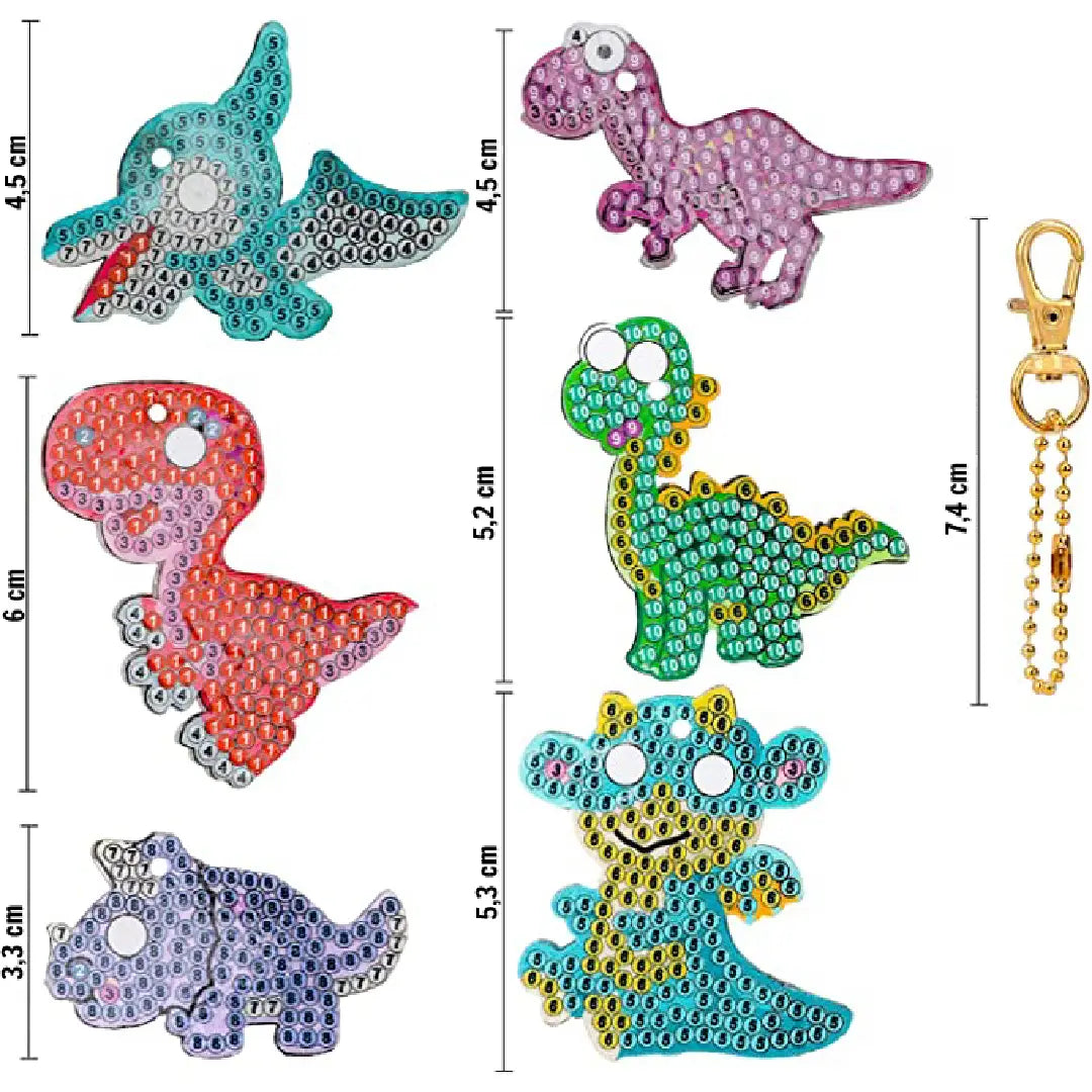 Verschillende kleurrijke diamond painting sleutelhangers in de vorm van dinosaurussen met afmetingen