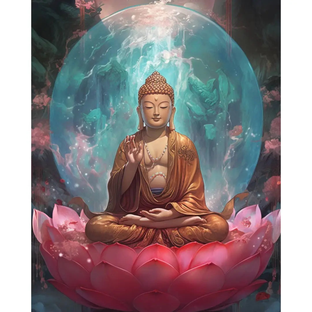 Diamond painting van mediterende boeddha op roze lotusbloem met lichtgevende bol en spirituele achtergrond
