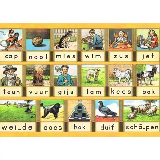 Diamond painting van het klassieke leesplankje met Aap Noot Mies en afbeeldingen van dieren en objecten, formaat 50x70 cm.