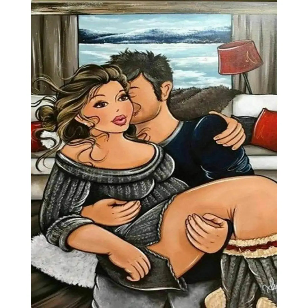 Dikke Dames diamond painting van een vrouw in een grijze trui die liefdevol op schoot zit bij een man, voor een raam met uitzicht op een besneeuwd landschap.