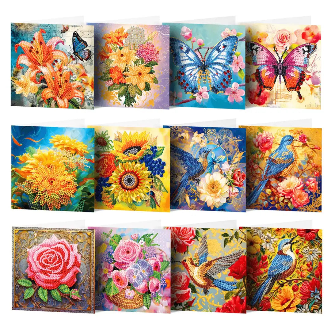 Kleurrijke collectie diamond painting kaarten met bloemen, vogels en vlinders, ideaal voor decoratieve kunstprojecten en creatieve ontspanning.