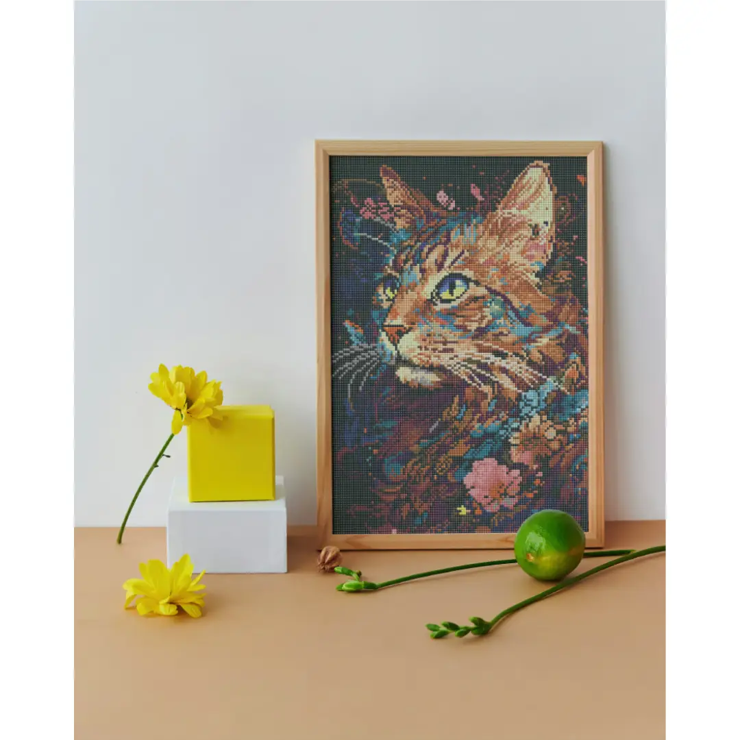 Ingelijste diamond painting van een kleurrijke kat met bloemen, geplaatst op een tafel met gele bloemen en een groene limoen.