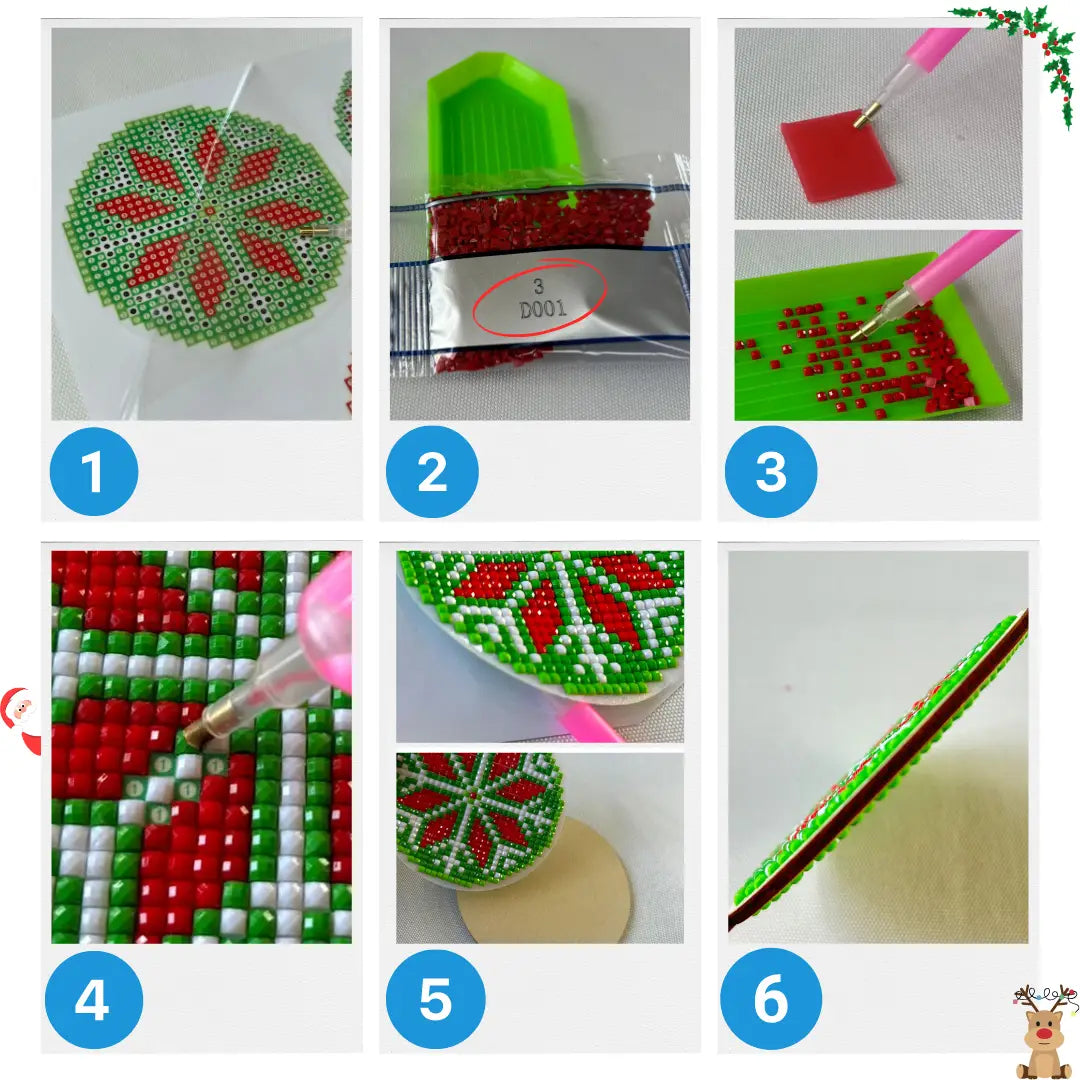 Stapsgewijze instructies voor het maken van een kerst diamond painting ornament met rood, groen en witte steentjes.