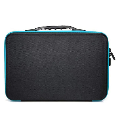 Zwarte opbergkoffer met blauwe rits en handvat, geschikt voor het organiseren van diamond painting accessoires.