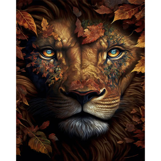 Gedetailleerde diamond painting van een leeuw met herfstbladeren, levendige oogdetails.