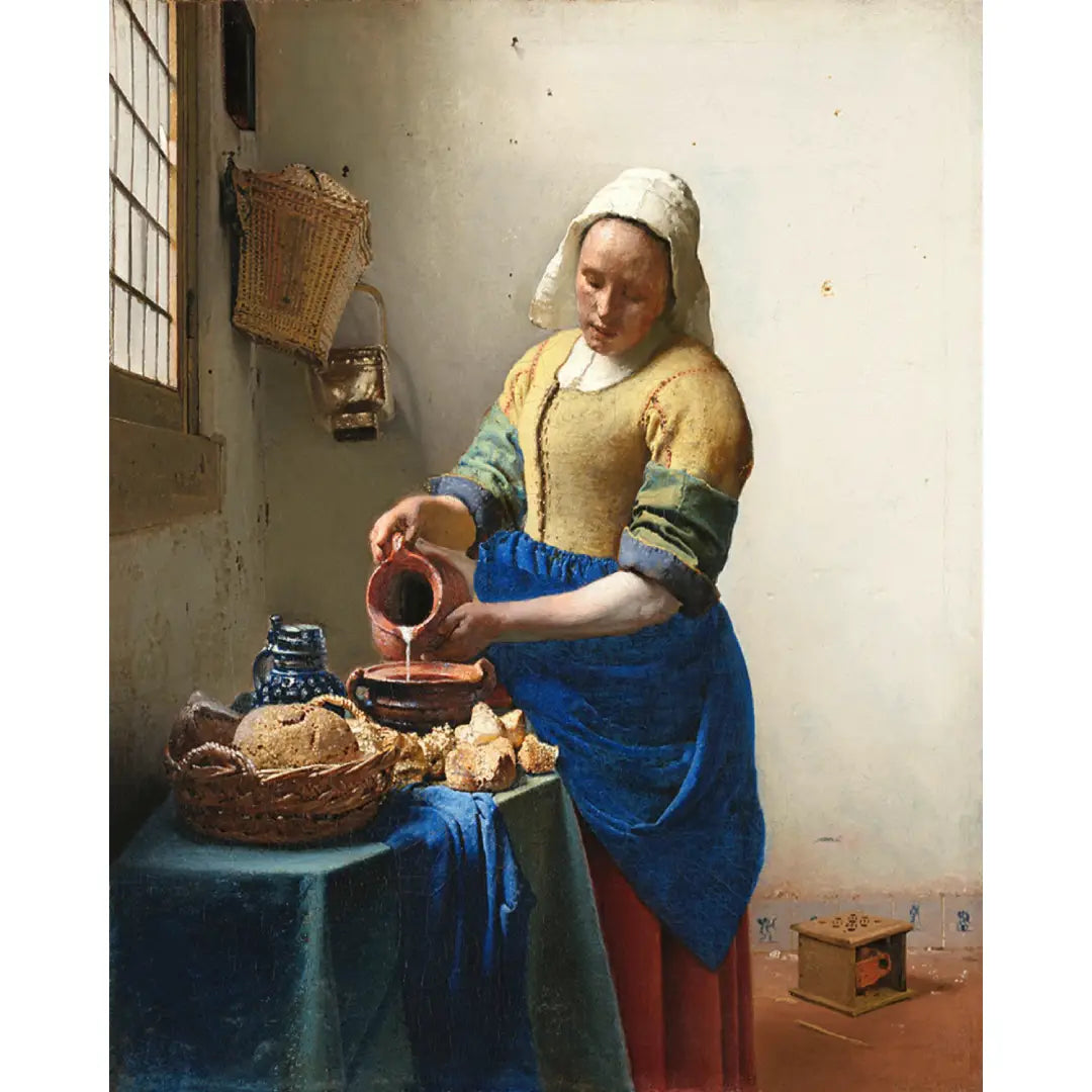 Diamond painting van Het Melkmeisje, een klassiek schilderij van Johannes Vermeer met een vrouw die melk schenkt.