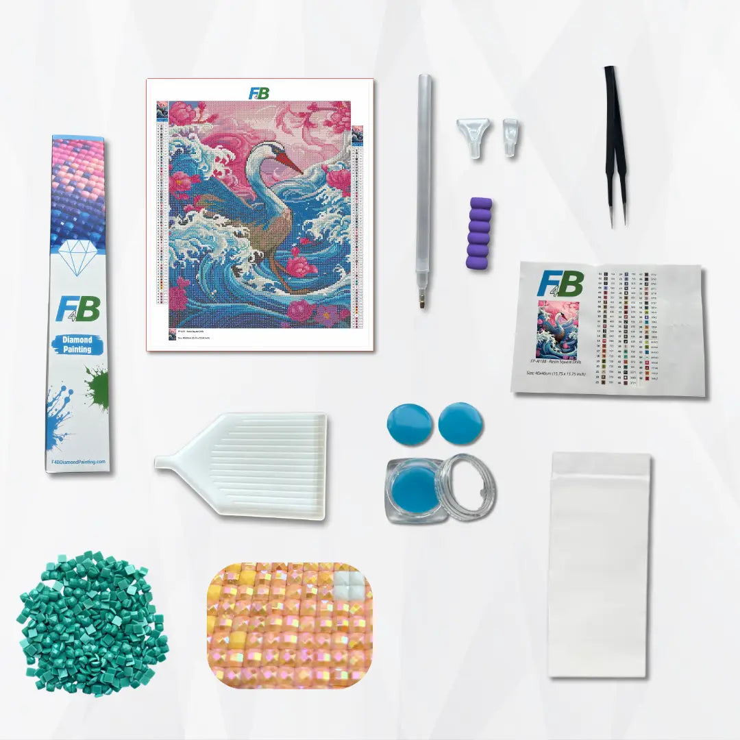  Complete diamond painting set met zwaanontwerp, inclusief canvas, gereedschappen, steentjes en accessoires.