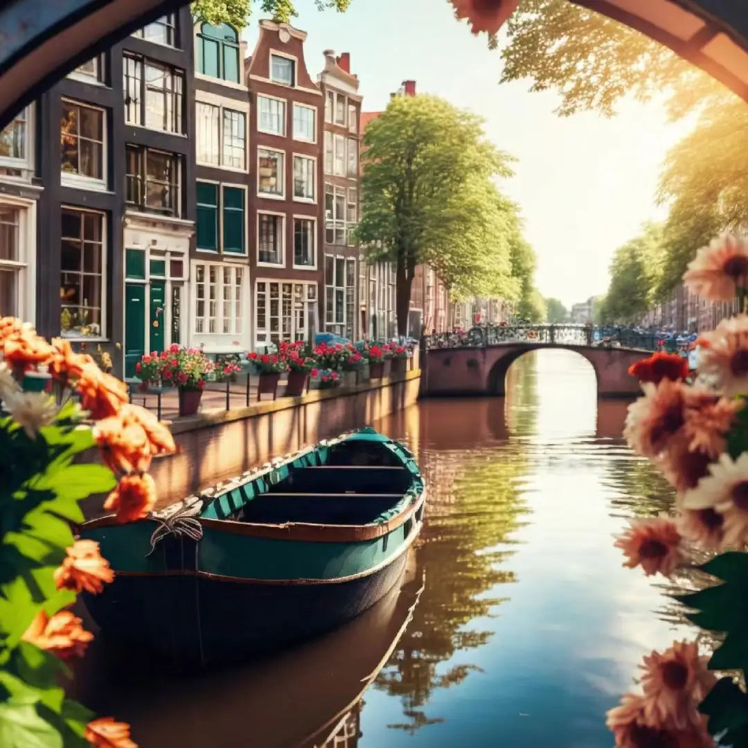 Diamond painting van een sfeervol Amsterdams grachtenpand met brug, bloemen en boot op het water tijdens zonsondergang, met warme lichtreflecties en typisch Nederlandse architectuur langs de gracht.