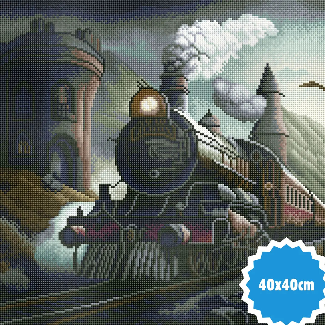 Diamond painting van een stoomtrein bij een mysterieus kasteel, met rookwolken en een donkere, sfeervolle achtergrond, formaat 40x40 cm.