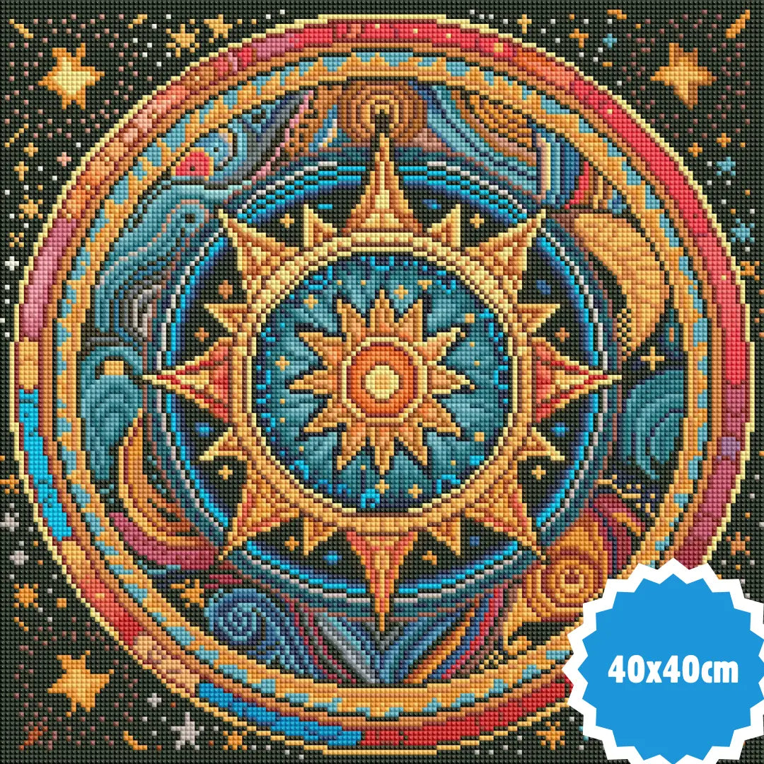 Diamond painting van een kleurrijke mandala met een zon en sterren, in blauw- en goudtinten, formaat 40x40 cm.