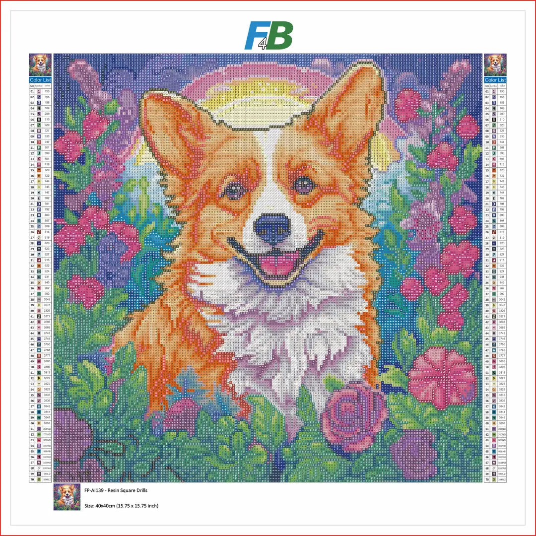 Diamond painting patroon van een corgi hond met bloemen en kleurcodes, 40x40 cm