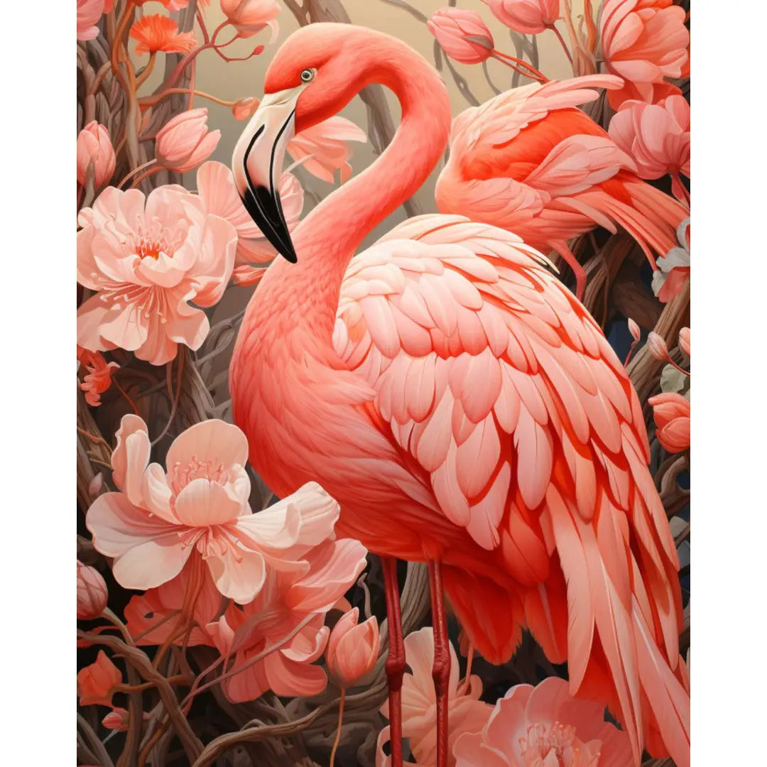 Diamond painting van roze flamingo tussen bloeiende pioenen en takken in warme tinten, met realistische details