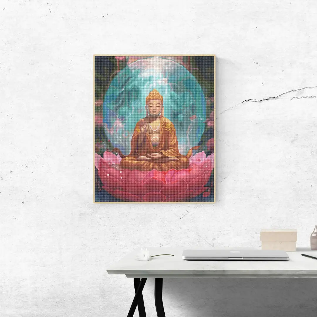 Diamond painting van mediterende boeddha op lotus aan betonnen muur boven modern bureau met laptop
