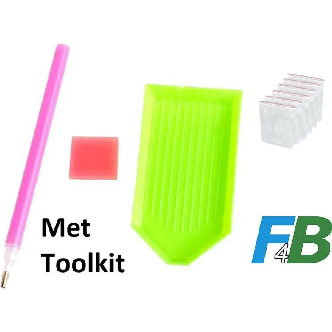 Diamond painting toolkit met pen, wax, groene schudbakje en plastic zakjes voor opbergen van steentjes.